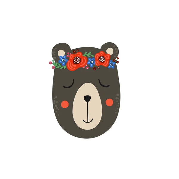 Bear boy v květinový věnec roztomilý kreslený obrázek — Stockový vektor