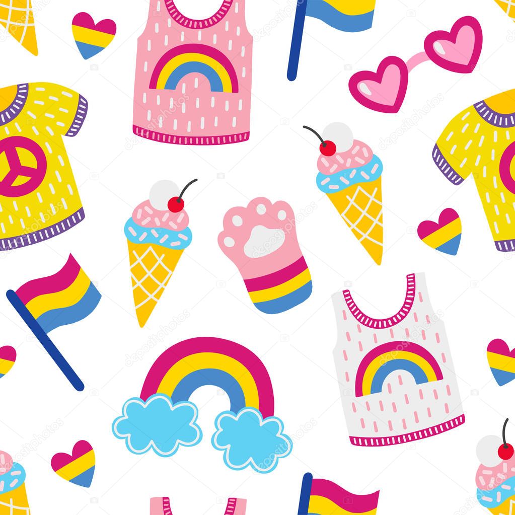 Seamless Pattern With Pansexual Pride Flags And Symbols Lgbtq Community Concept Pride Month Symbol Hand Drawn Vector Illustration For Wrapping Paper Fabric Print Wallpaper Premium Vector In Adobe Illustrator Ai
