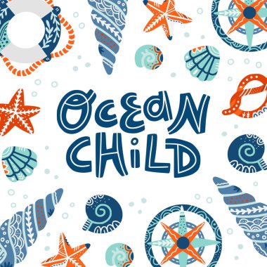 Okyanus çocuk el çizilmiş vektör harfleri. İskandinav tarzı afiş, afiş tasarımı.