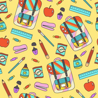 Okula geri dönelim kusursuz desen çizilmiş. Karikatür tarzında düz vektör illüstrasyon