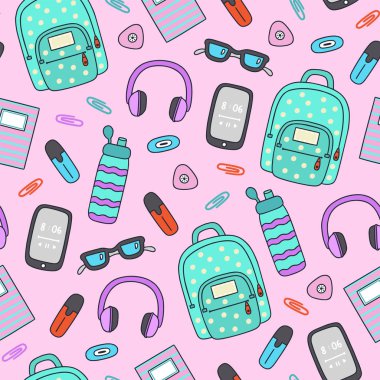 Okula geri dönelim kusursuz desen çizilmiş. Karikatür tarzında düz vektör illüstrasyon