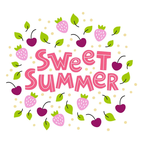 Dolce estate disegnato a mano vettore lettering con fragola, ciliegia e foglie su sfondo bianco — Vettoriale Stock