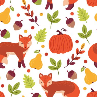 Bebek tilki, kabak, meşe palamudu, yaprakları ve dalları ile Sonbahar dikişsiz desen. Karikatür tarzında düz vektör illüstrasyon. 