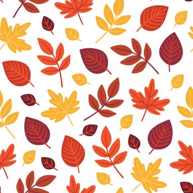 Beyaz arka plan üzerinde sonbahar yaprakları ile dikişsiz desen. Elle çizilmiş vektör illüstrasyonu.