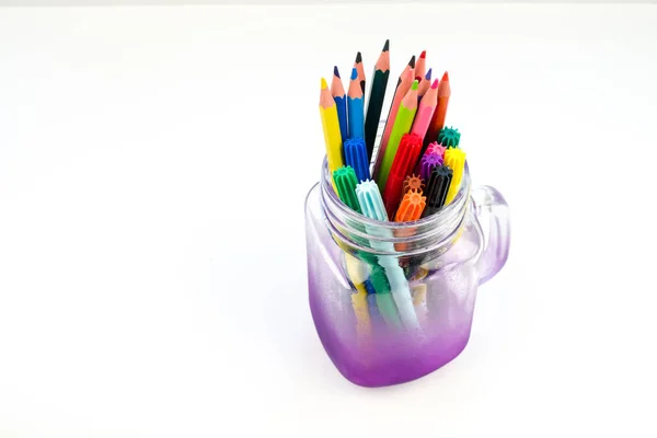 Artista Está Pronto Lápis Coloridos Marcadores Encontram Belo Frasco Translúcido — Fotografia de Stock