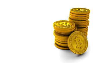 Beyaz Arkaplan 'daki Sağ Tarafta İzole Edilmiş Birçok Altın Bitcoin Parasının 3d Çizimi