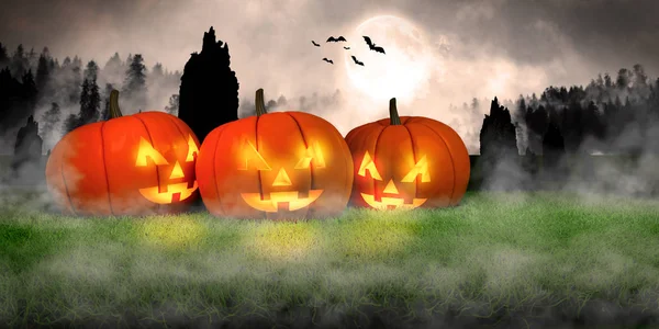 Holidays, Halloween Pumpkin, Halloween Pumpkins On Green Grass In A Spooky Forest At Night. 3D illustration rendering