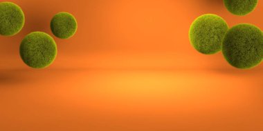 Ticari reklamlar için 3 boyutlu sarı geometrik arka plan. Sarı tüy yumakları. Turuncu arka planda sarı tüylü top