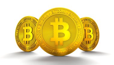 Beyaz Arkaplan 'da izole edilmiş 3 Altın Bitcoin parasının 3 boyutlu çizimi. Bir tane önde, iki tane de arkada.