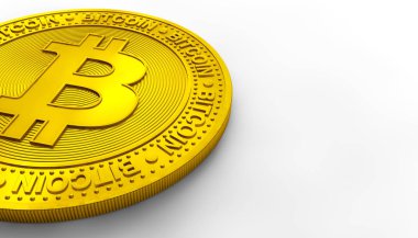 Çerçevenin Sol Tarafında Beyaz Arkaplan Kapanışı Üzerine İzole Edilmiş 3d Altın Bitcoin Çizimi