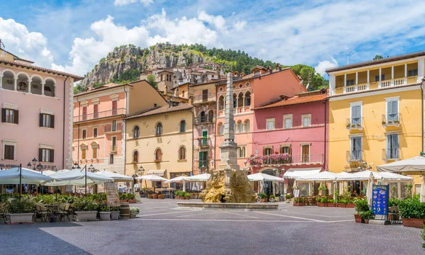 The colorful main square of Tagliacozzo in a summer morning, province of L\'Aquila, Abruzzo, central Italy.