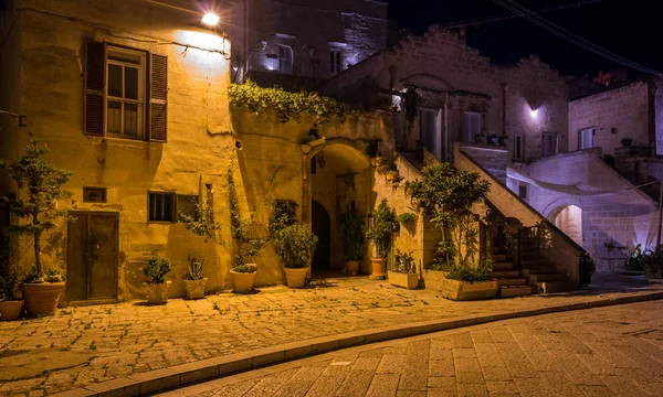 Vista Nocturna Panorámica Del Distrito Sassi Matera Basilicata Sur Italia — Foto de Stock