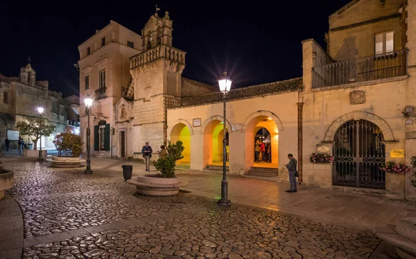 Vista Nocturna Panorámica Del Distrito Sassi Matera Basilicata Sur Italia — Foto de Stock