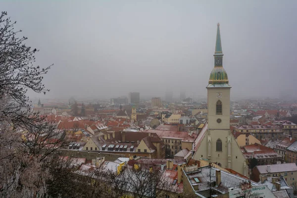 Вид Заснеженное Зимнее Утро Замка Братислава Словакия — стоковое фото
