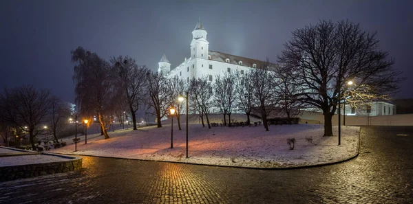 Братиславский Замок Снежную Зимнюю Ночь Словакия — стоковое фото