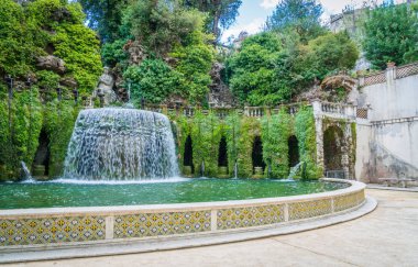 Oval çeşme Villa d'Este, Tivoli, il Merkezi Roma, Lazio, İtalya.
