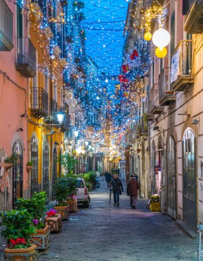 Muhteşem sanatçı ışıkları (Luci d 'Artista), Noel saatinde Salerno 'da. Campania, Italya.