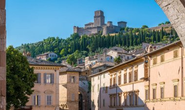 Rocca Maggiore ve zeytin ağaçları ile Assisi doğal görünümü. Umbria, İtalya.