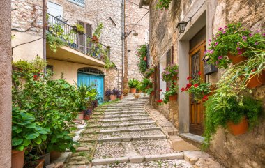 İtalya'nın Umbria bölgesindeki antik köy Trevi'de pitoresk manzara. 
