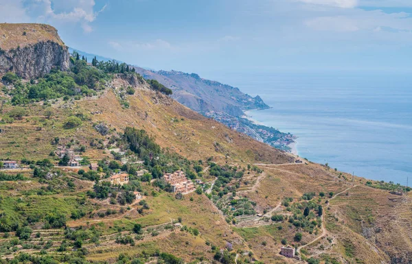 Panoramablick Von Castelmola Einem Antiken Mittelalterlichen Dorf Oberhalb Von Taormina — Stockfoto