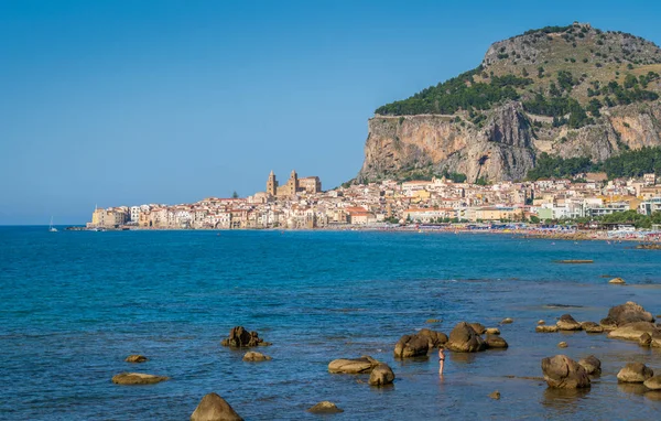 Panoramablick Auf Cefalu Sommer Sizilien Sicilia Süditalien — Stockfoto