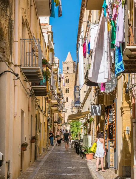 Uma Rua Acolhedora Cefalu Rica Detalhes Cores Sicília Sul Itália — Fotografia de Stock