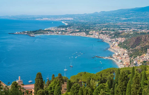 Panoramablick Vom Antiken Griechischen Theater Taormina Provinz Messina Sizilien Süditalien — Stockfoto