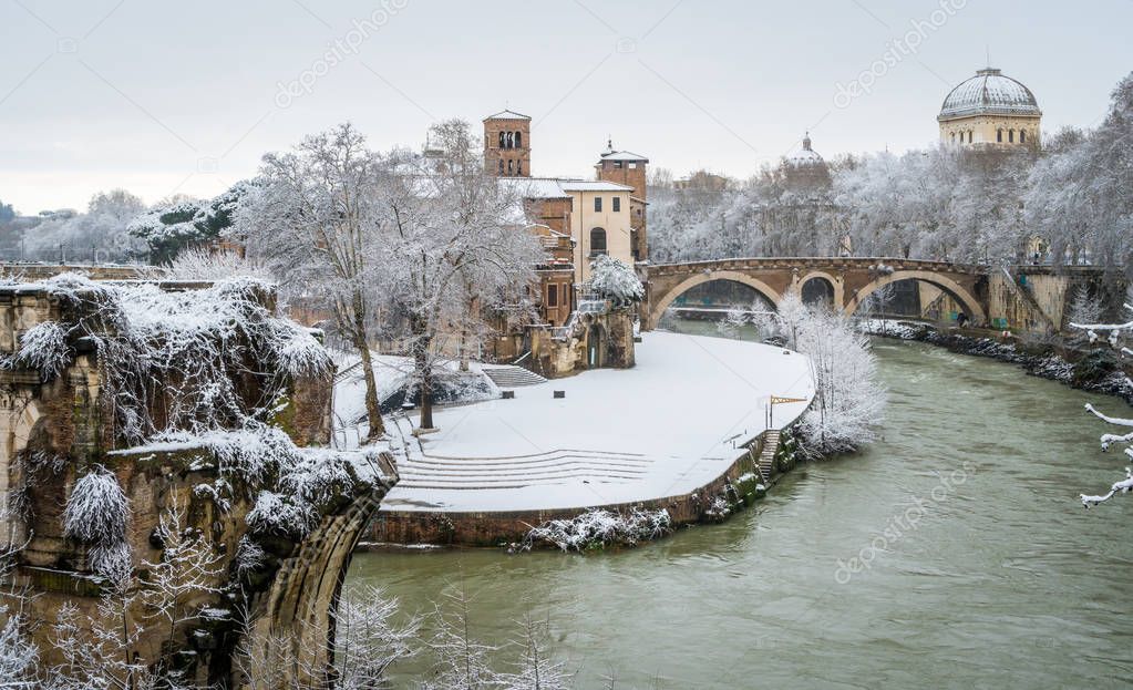 Snow in Rome in February 2018, Tiberina Island in the morning, Italy.