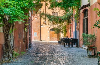 Resimli Rione Trastevere bir yaz sabahı, İtalya, Roma 'da.