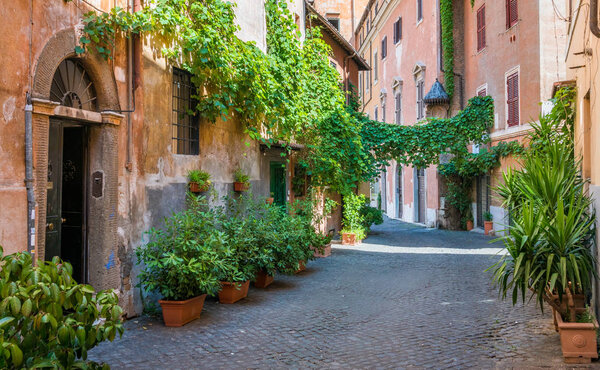 The picturesque Rione Trastevere on a summer morning, in Rome, Italy.
