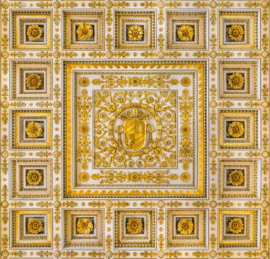 Pius IX coat of arms from the ceiling of the Basilica of Saint Paul Outside the Walls, in Rome. December-02-2018 clipart
