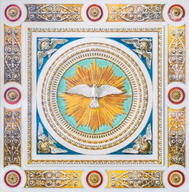 Roma'da Santo Spirito dei Napoletani Kilisesi'nin tavanında Kutsal Ruh Güvercin, İtalya. Mart-24-2019