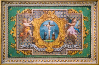 Suore Missionarie di Ges Eterno Sacerdote Kilisesi'nde cupids fresco ile İsa'nın çarmıha gerilmesi, Roma, İtalya. Eylül-23-2018