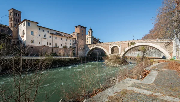 Tiber Island and Fabricio\'s Bridge as seen from the riverside, Rome