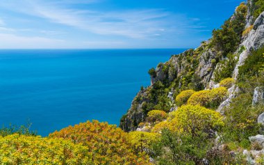 Palinuro, Cilento, Campania, Güney İtalya'da kayalıklarla doğal Akdeniz manzarası.