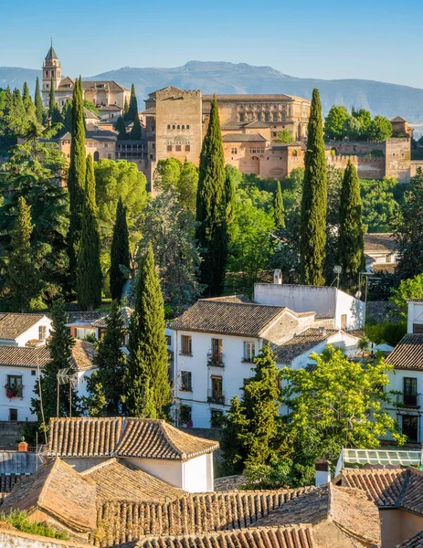 Panoramautsikt Över Alhambra Palatset Och Albaicin Distriktet Granada Andalusien Spanien — Stockfoto