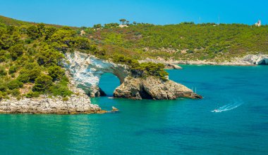Gargano Milli parkında ünlü Arco di San Felice 'nin panoramik manzarası. Apulia (Puglia), Italya.