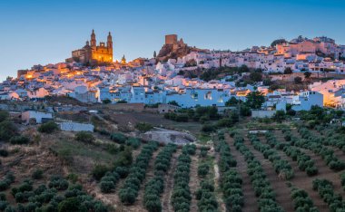 Güzel Olvera'da gün batımında panoramik manzara, Cadiz eyaleti, Endülüs, İspanya.