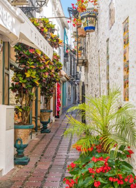 Marbella eski şehir pitoresk ve dar bir sokak, Malaga eyaleti, İspanya.