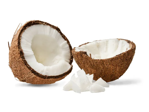 Twee Helften Pulp Van Gehakte Kokosnoot Close Wit Geïsoleerd Achtergrond — Stockfoto