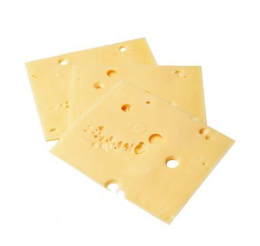 Beyaz izole bir arka plan üzerinde üç iştah açıcı peynir parçaları. Yukarıdan görüntüleyin. Close.