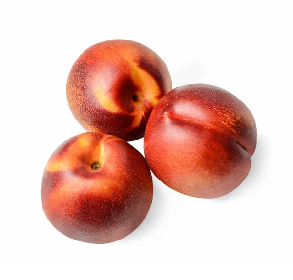 Three Nectarines White Isolated Background View Close — Stock Photo, Image