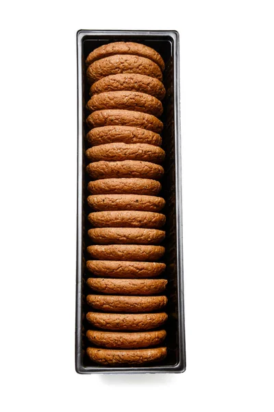 Havregryn Cookies Plastförpackningar Vit Isolerad Bakgrund Närbild Utsikt Från Ovan — Stockfoto