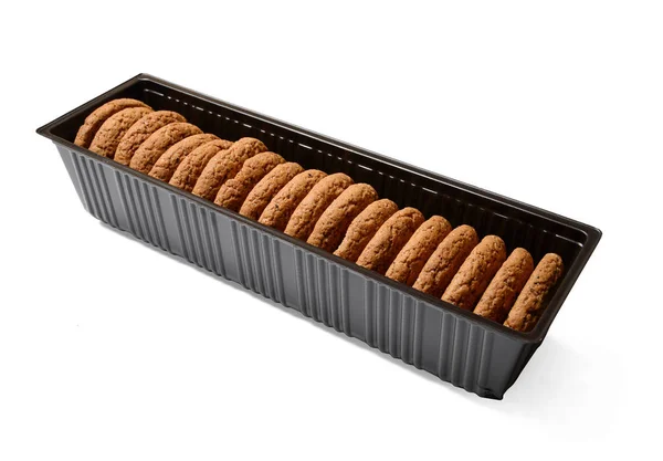 Havregryn Cookies Plastförpackningar Vit Isolerad Bakgrund Närbild Side View — Stockfoto