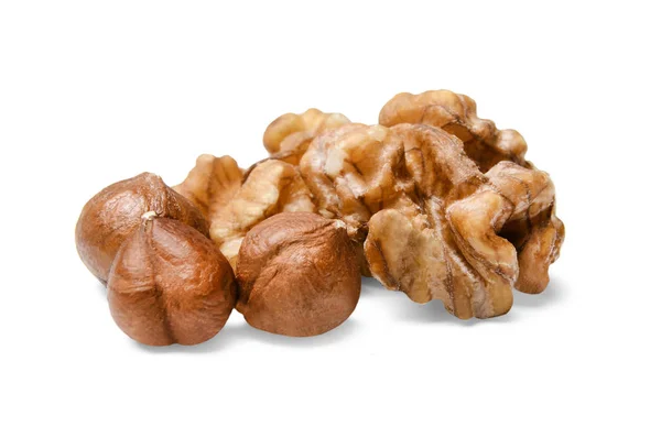 Malá Hromada Loupaných Lískových Ořechů Vlašských Ořechů Bílé Izolované Pozadí — Stock fotografie