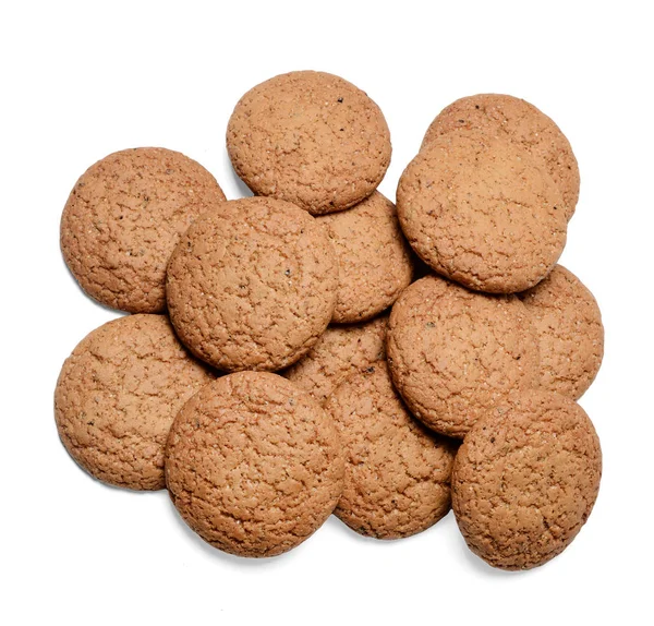 Ett Gäng Havregryn Cookies Vit Isolerad Bakgrund Närbild Utsikt Från — Stockfoto
