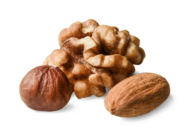 Nueces Peladas Avellanas Almendras Fondo Blanco Aislado Primer Plano Vista — Foto de Stock