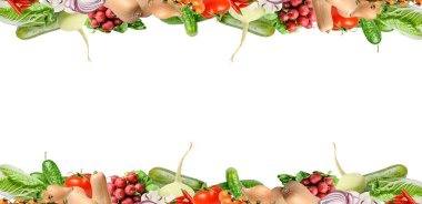 Composition with various types of vegetables in the upper and lower part of the frame. White isolated background. Place for text. clipart