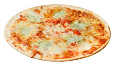Mozzarella pizzabeyaz izole. Close. Üstte görüntü.