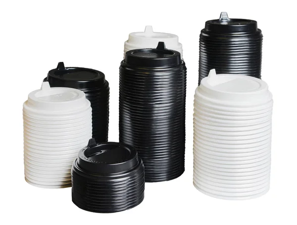 Several Stacks Covers Disposable Cups Different Sizes White Black White — Stock Photo, Image